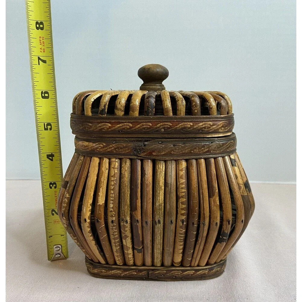 Vintage Wood Rattan Brown Tan Canister Container Intricate Design With Lid